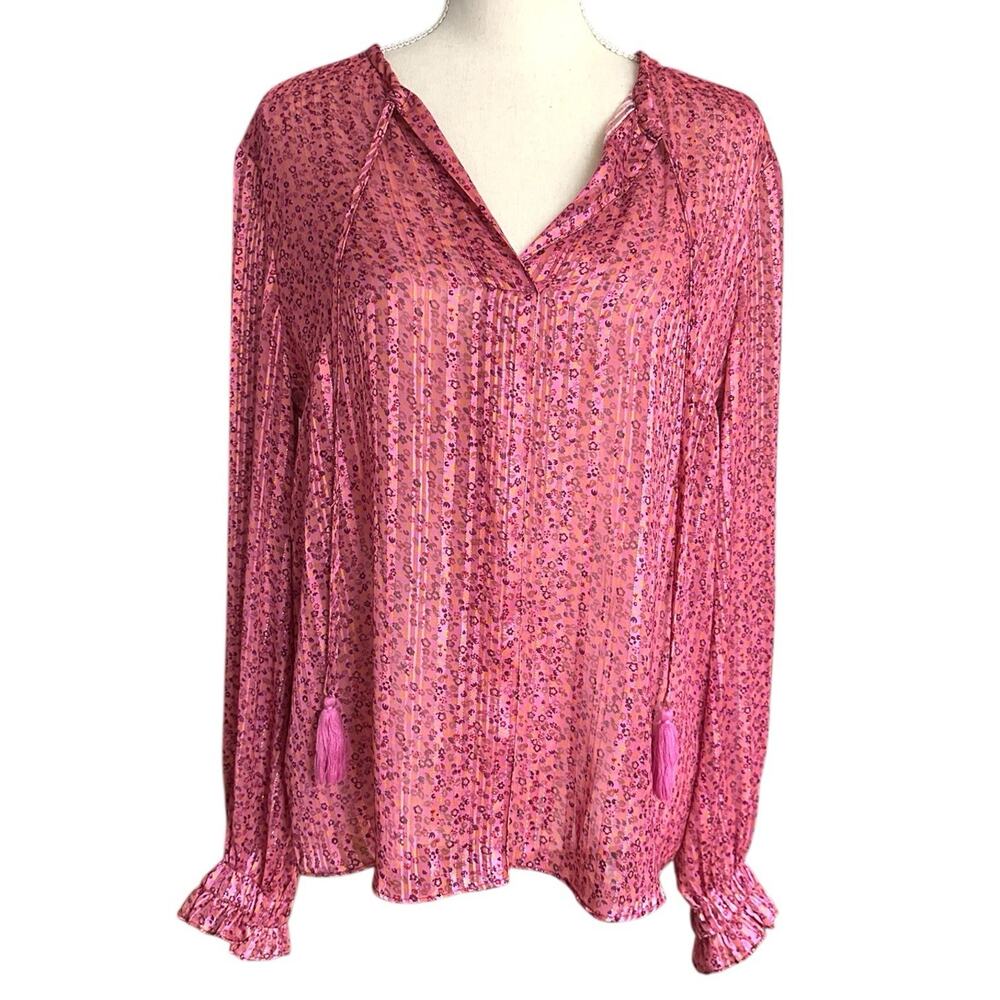 Derek Lam 10 Crosby Pink Floral Metallic Stripe Pleated Tassel Blouse Women's‎ 4